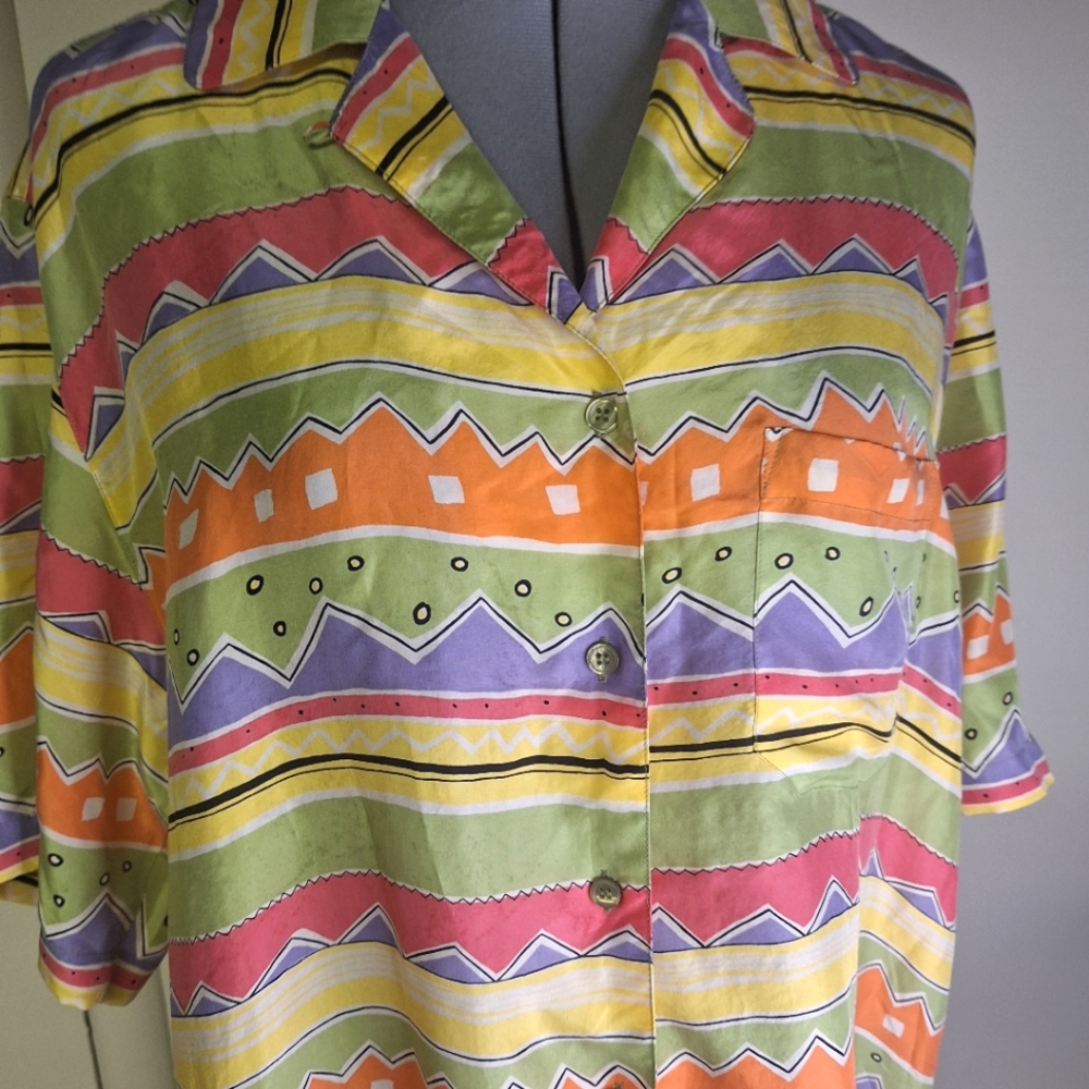 Pacific Silk Colorful Striped/Graphic Button-Up Shirt, 100% Silk, Size Large